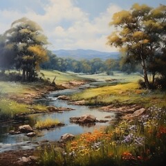 Fototapeta premium Tranquil Landscape with Meandering Stream, Lush Green Fields, and Vibrant Wildflowers Under Bright Blue Sky Surrounded by Majestic Trees and Scenic Mountains