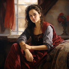 Fototapeta premium Portrait of a Young Woman in a Historical Setting, Gazing Thoughtfully Out of a Window with Soft Light Casting Gentle Shadows on Her Face