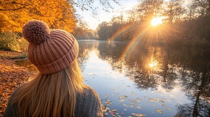 Woman admires autumn sunrise, lake reflection