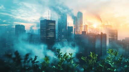 Abstract artistic swirl of PM2.5 particles integrating into urban life imagery, combining human and industrial elements.