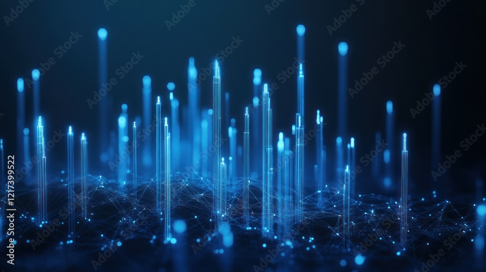 Wall mural abstract blue digital data network, glowing lines and points.