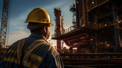 Industrial Worker with Hard Hat Observing Machinery at Sunset in Oil Refinery Environment, Highlighting Safety and Operational Efficiency in Engineering