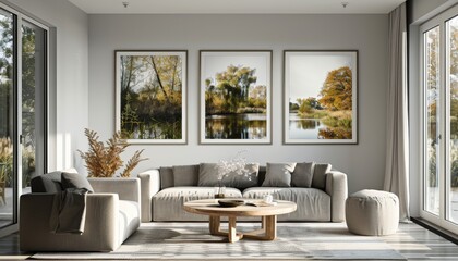 Fototapeta premium A modern living room featuring a cozy sofa, stylish decor, and large windows showcasing nature artwork.