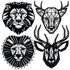 Obraz premium Geometric Animal Faces A collection of geometric animal faces like a lion, wolf, and deer drawn with bold, angular lines. Adobe Illustrator Artwork