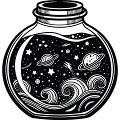 Galaxy in a Jar
A whimsical line art of a jar containing a galaxy with stars, planets, and swirling cosmic patterns. Adobe Illustrator Artwork