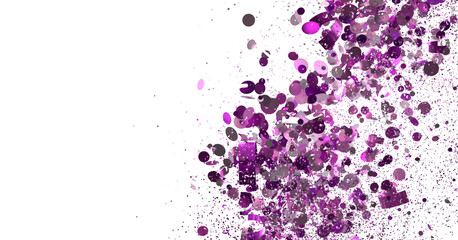 Abstract purple glitter confetti explosion on white background. Festive backdrop for design.