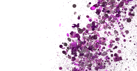 Abstract purple glitter confetti explosion on white background. Festive backdrop for design.