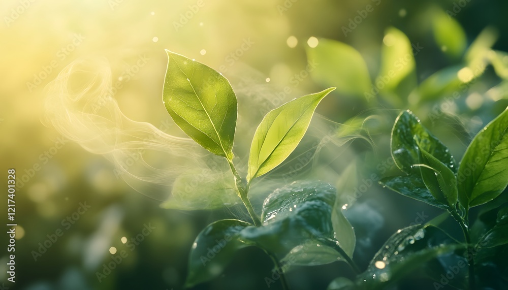 Aufkleber Fresh Green Leaves Glimmering in Soft Light with Gentle Mist and Background Bokeh Creating a Serene and Lush Natural Atmosphere for Eco-Friendly Themes