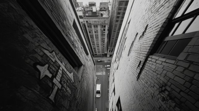 Aerial view of a narrow urban alley with brick walls and buildings, showcasing city life below