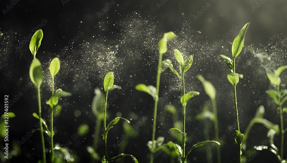 Poster Fresh Green Seedlings Sprouting in Dark Background Surrounded by Soft Mist with Sparkling Water Drops Creating an Enchanting Nature Scene