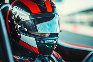 Fototapeta premium Intense portrait of a focused car racer in a helmet showcasing determination and speed, generative AI