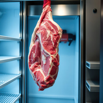 Frigor&iacute;fico industrial con carne de vaca colgada
