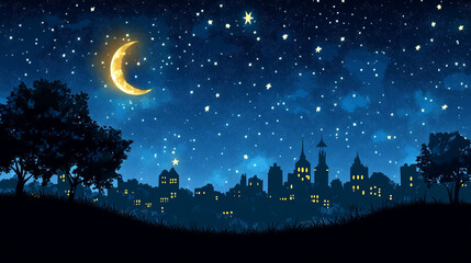 Dark blue night sky with numerous stars twinkling, astronomical objects, vastness, galaxy, universe, Silhouetted trees stand against a backdrop of a starry night sky, moon