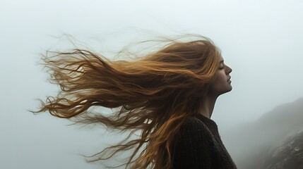 Woman with long red hair blowing in the wind on a foggy mountain.