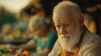 Elderly man with white beard engaged in market stall during sunset hours