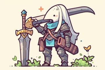 Fototapeta premium A Cute Bird Knight Stands Beside A Large Sword