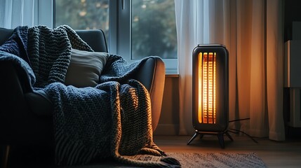 Cozy living room with electric heater and blanket on sofa.