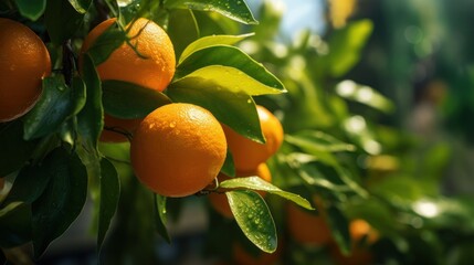 Close-Up of Fresh Oranges on a Branch with Lush Green Leaves Glimmering in Sunlight, Capturing Nature's Beauty and Juicy Fruit Bliss in a Lively Outdoor Setting