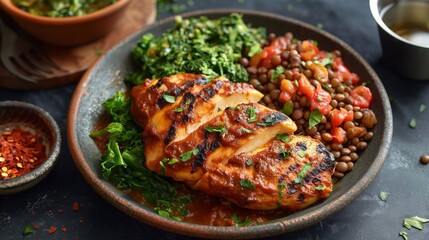 A traditional Ethiopian platter with spicy Doro Wat chicken stew and sides of lentils and greens