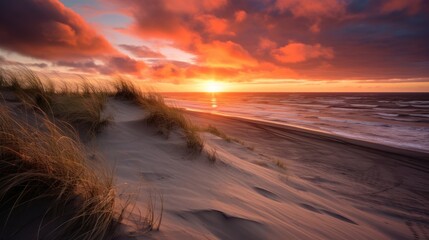 Sunset Over Serene Ocean Waves and Sandy Dunes, Showcasing Dramatic Clouds Illuminated by Warm Tones and Vibrant Colors in the Evening Sky