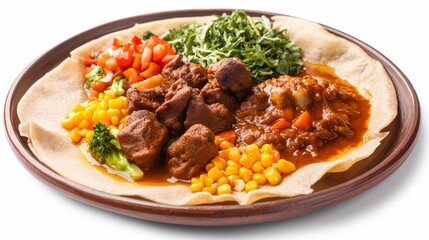 Fototapeta premium A traditional Ethiopian platter with Injera bread topped with spicy Doro Wat chicken stew and of lentils and greens isolated on white background