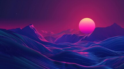 Surreal Digital Landscape with Futuristic Mountains and Vibrant Neon Sunset in Shades of Purple, Pink, and Blue - Perfect for Creative Art Projects and Backgrounds