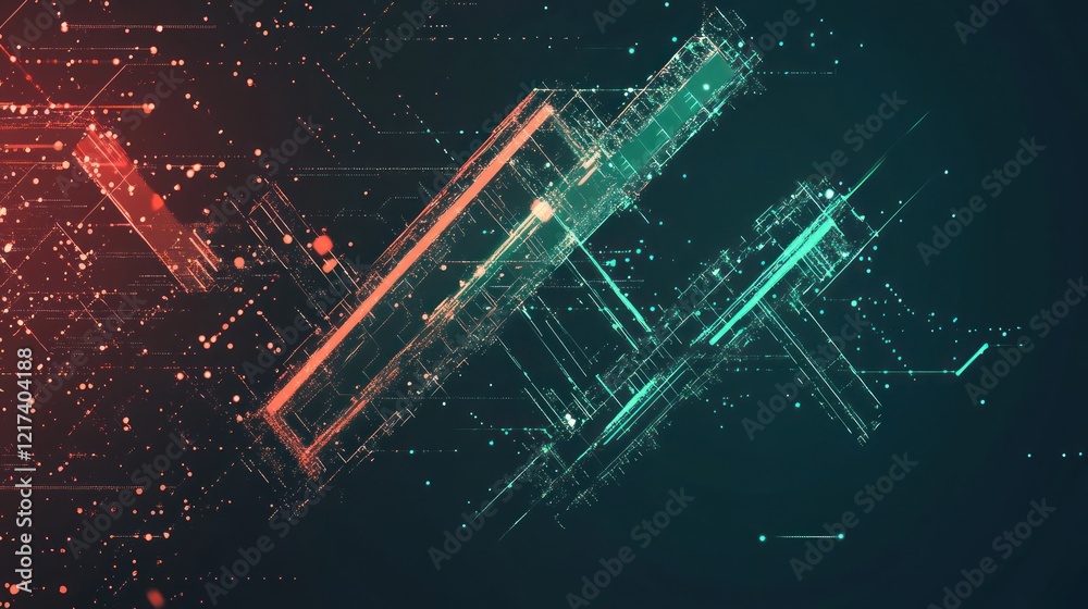 Wall mural abstract digital data stream with red and teal lines.