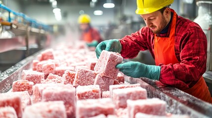 food safety concept. Worker handling frozen meat in a processing facility with safety gear and vibrant colors.