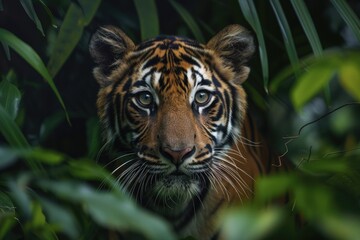 Fototapeta premium A Young Tiger Peers From Lush Green Foliage