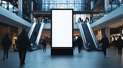 Front view mock up of a vertical blank billboard in the mall with people walking, with empty space for an advertising banner