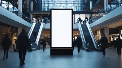 Front view mock up of a vertical blank billboard in the mall with people walking, with empty space for an advertising banner © Digital Storm