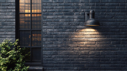 Unique wall lantern illuminating a dark brick wall near a window at dusk