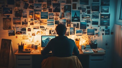 Man working at desk with inspiration board.