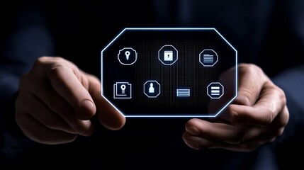 Hands holding a futuristic digital interface with various app icons.