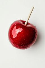glazed red candy apple with wooden stick on a white background, view from top