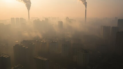Fototapeta premium Aerial view of an industrial zone releasing thick smog into the atmosphere, wide-angle perspective, environmental issue concept.