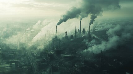 Fototapeta premium Aerial view of an industrial zone releasing thick smog into the atmosphere, wide-angle perspective, environmental issue concept.