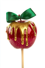 red candy apple on a stick with dripping golden glaze isolated on a white background