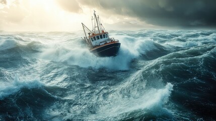Fishing Vessel Battling a Tempestuous Ocean