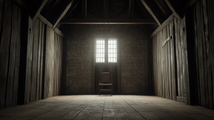 Empty wooden room with a single chair illuminated by sunlight through a window