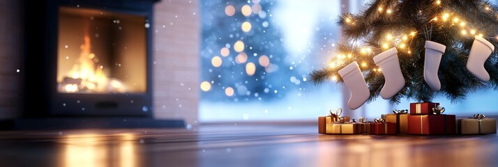 Obraz premium A Cozy Christmas Living Room - Warm fire, twinkling lights, presents, Christmas tree, and cozy stockings symbolize winter holidays, home, joy, peace, and family togetherness.