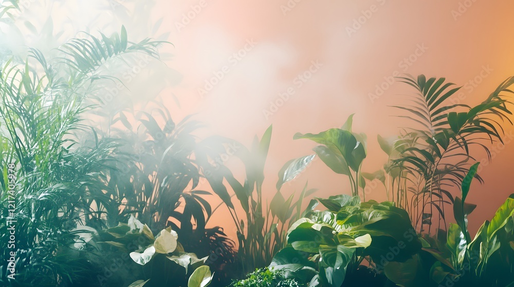 Poster lush green tropical plants in misty environment with soft lighting, creating a serene and tranquil a