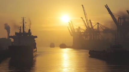 Obraz premium A serene harbor scene at sunrise with ships and cranes silhouetted against the golden sky.