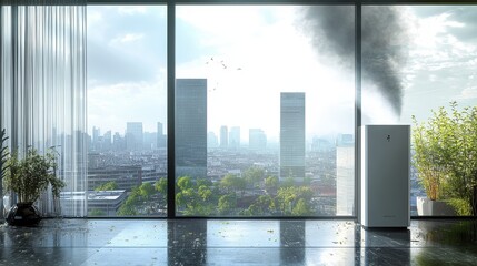 Naklejka premium Air purifier in a modern home, juxtaposed with a polluted cityscape visible through a window, concept of indoor air quality.