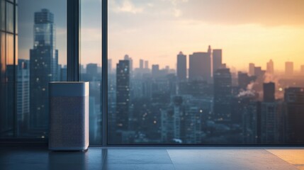 Air purifier in a modern home, juxtaposed with a polluted cityscape visible through a window, concept of indoor air quality.