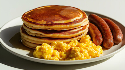 A delicious breakfast spread showcasing a plate of perfectly stacked pancakes, rich scrambled eggs, and tender sausage links, styled against a simple white background to enhance th