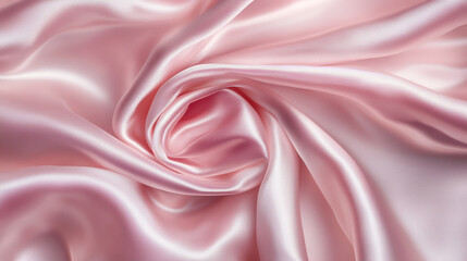 Fototapeta premium Elegant Pink Satin Fabric Flowing in Soft Curves and Waves, he center of the image is a soft pink background
