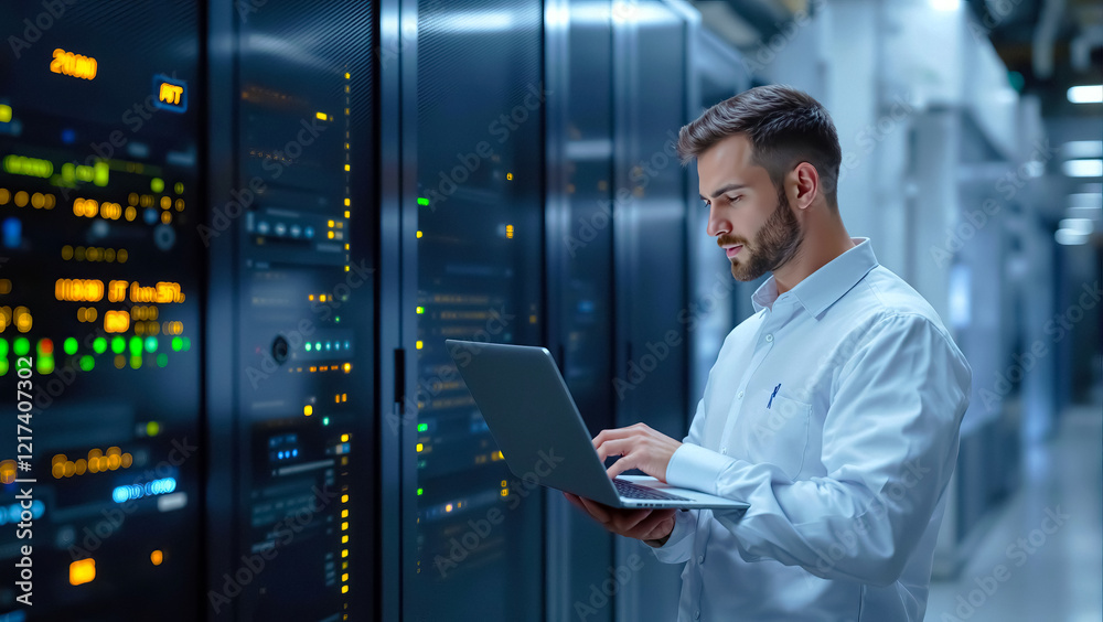 Poster specialist working in server room using laptop to monitor and manage systems