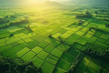 Aerial view of vibrant green rice paddies forming a checkerboard pattern across a vast agricultural landscape, bathed in the warm glow of dawn sunlight