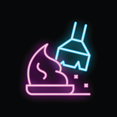 Neon sign representing hair coloring process with brush spreading dye product on black background